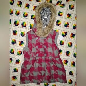 Hooded Plaid Babydoll Vest with Faux Fur Trim